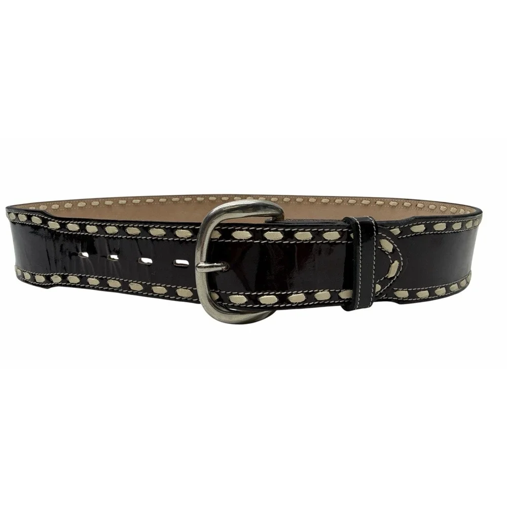 Tony Lama Western Leather Belt Size 32 Black Oxblood Lace Stitch 48628